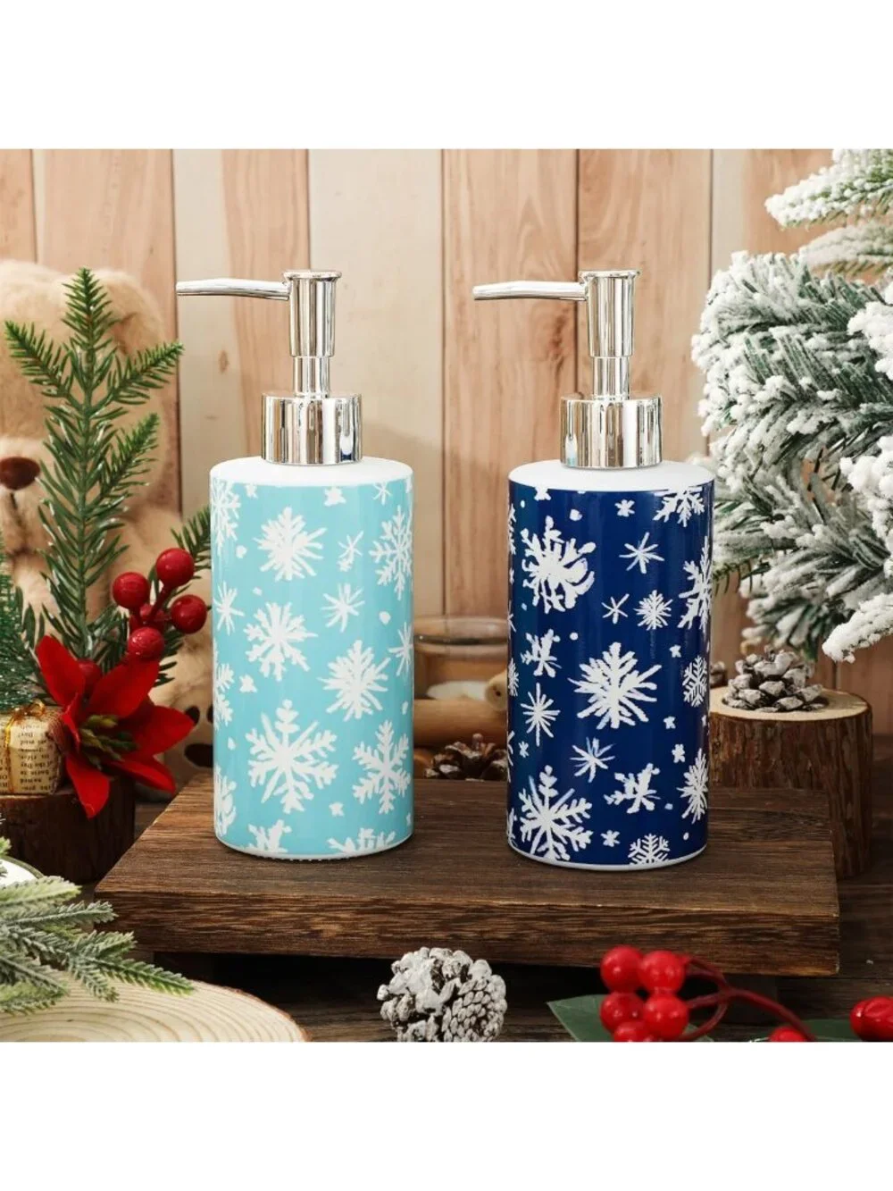 Winter Snowflake Glass Soap Dispenser Set - 16 Oz Refillable Pump for Home